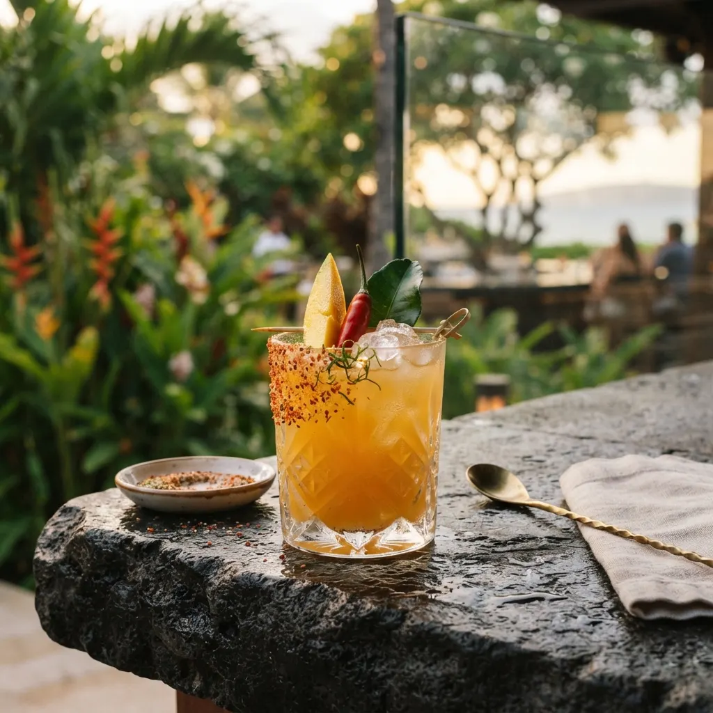 Chili mango margarita cocktail with kaffir lime rim