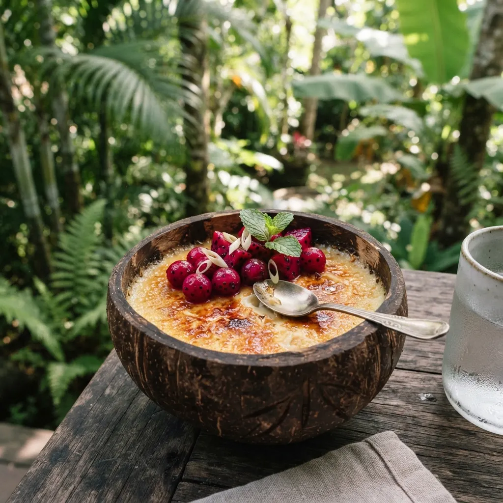 Fusion lemongrass crème brûlée in a hand-carved dish
