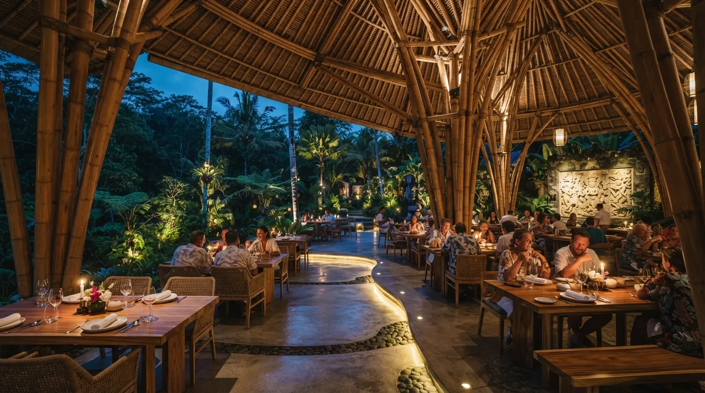 Luxury Balinese open-air restaurant interior at dusk