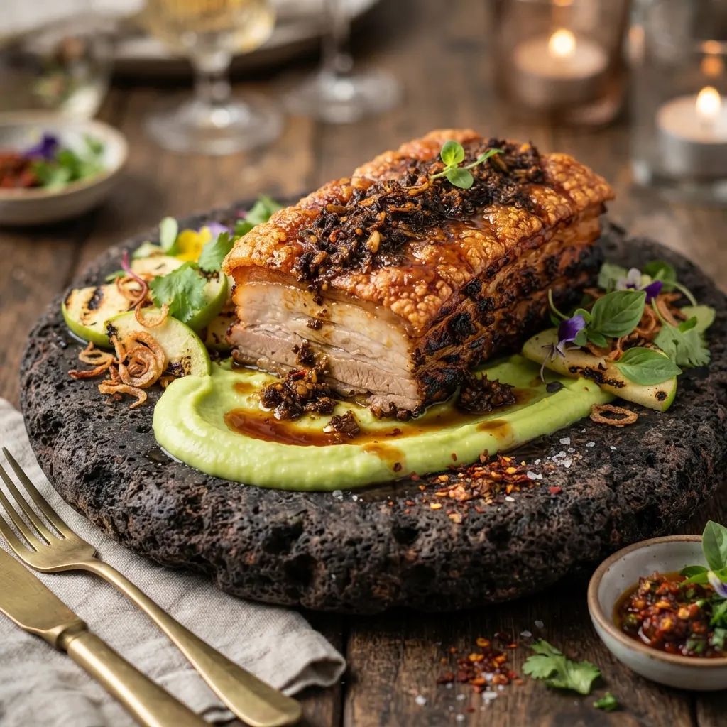Balinese spice-rubbed pork belly with green apple purée