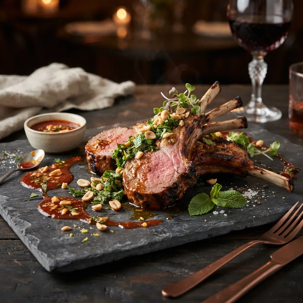 Satay-style lamb rack with red wine peanut sauce