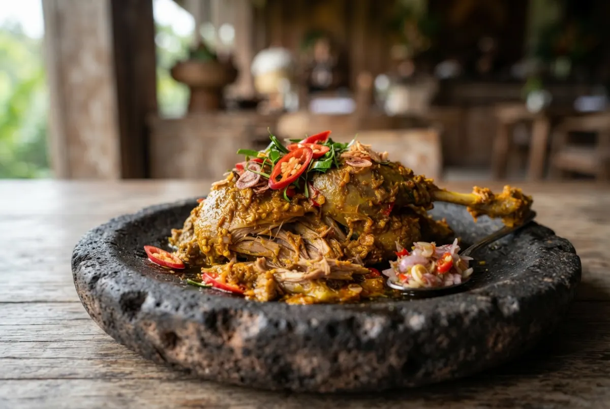 Slow-cooked duck betutu on a traditional plate
