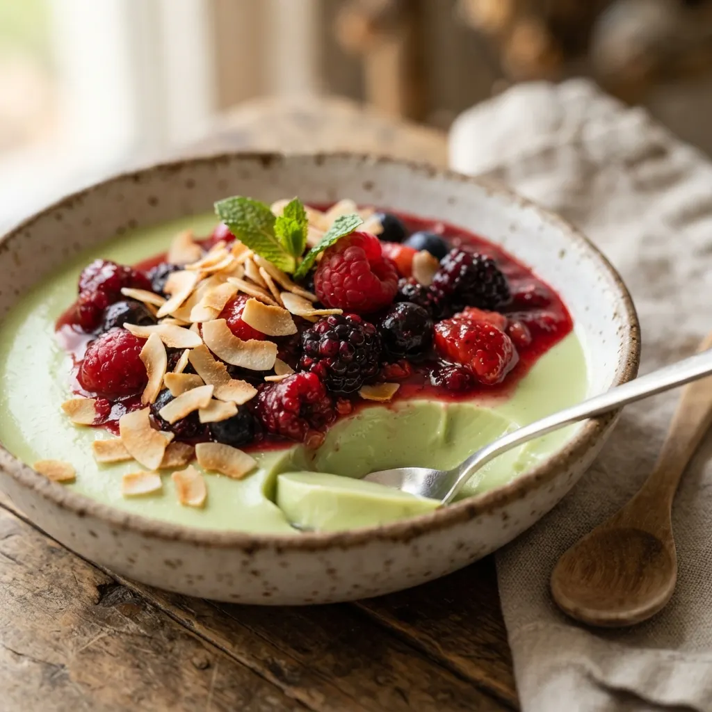 Pandan panna cotta with berry compote