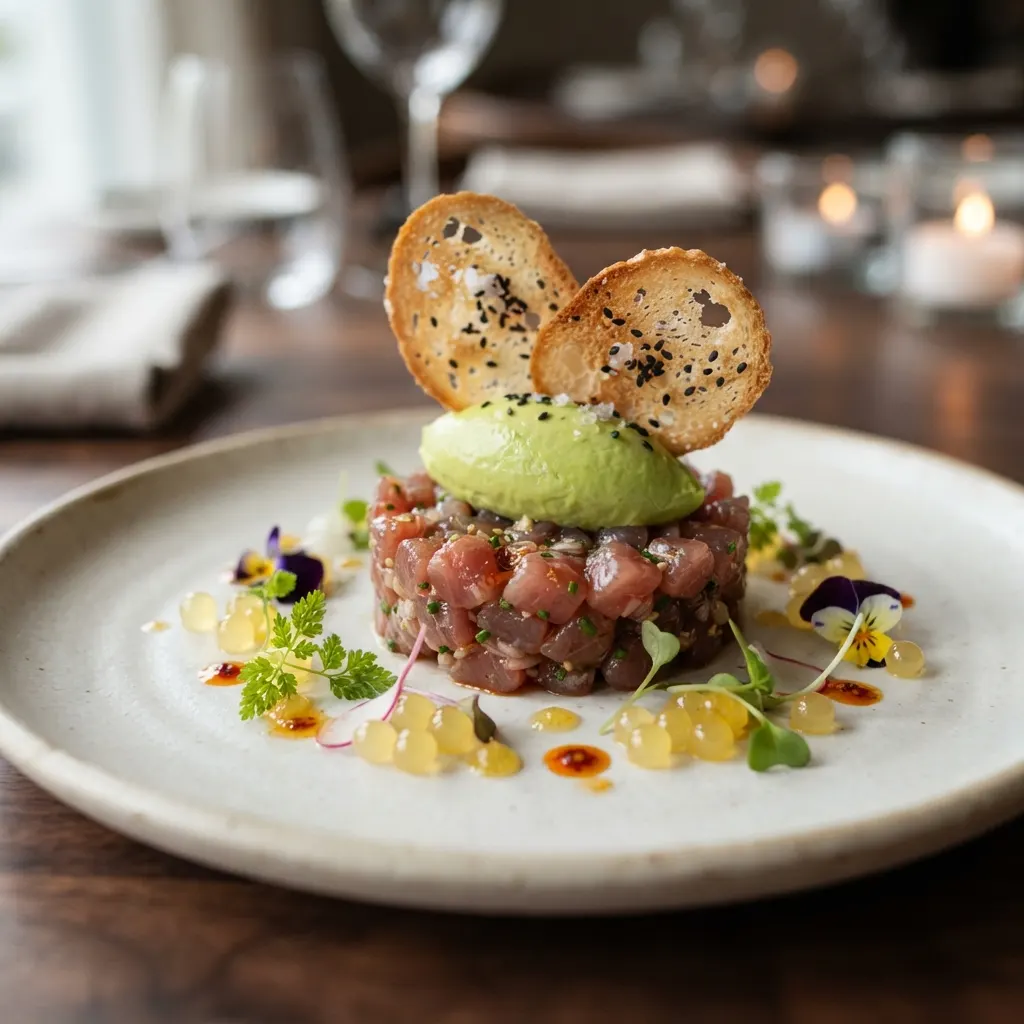 Tuna tartare with avocado mousse and yuzu pearls