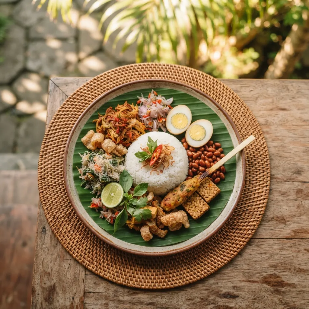 Traditional Balinese nasi campur on a hand-woven plate