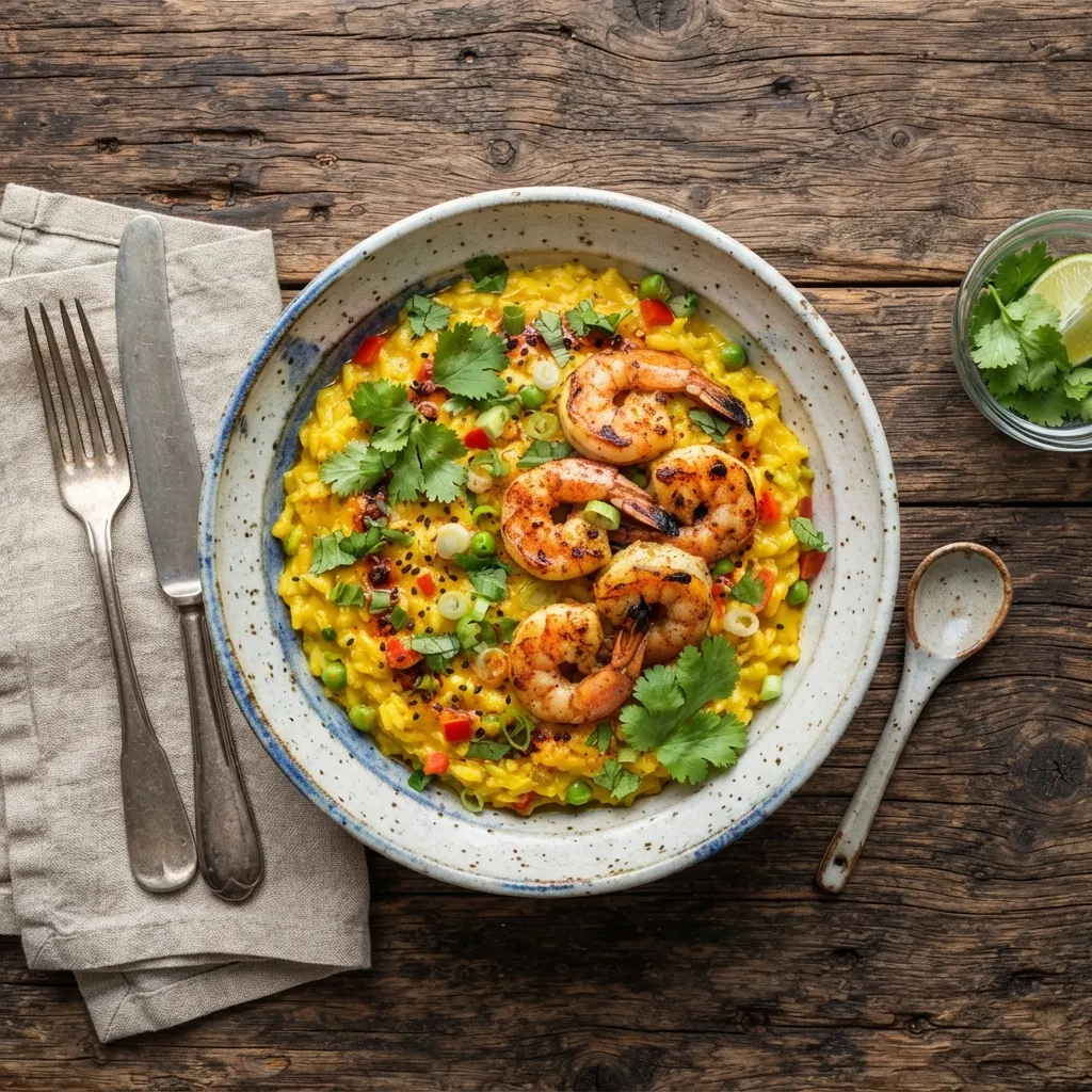 Yellow curry risotto with grilled prawns